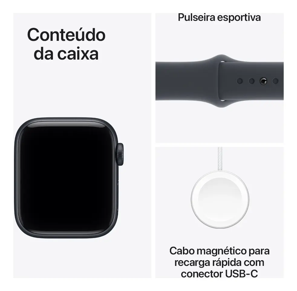 Apple Watch SE 3 GPS • Caixa meia-noite de alumínio – 40 mm • Pulseira esportiva meia-noite – P/M