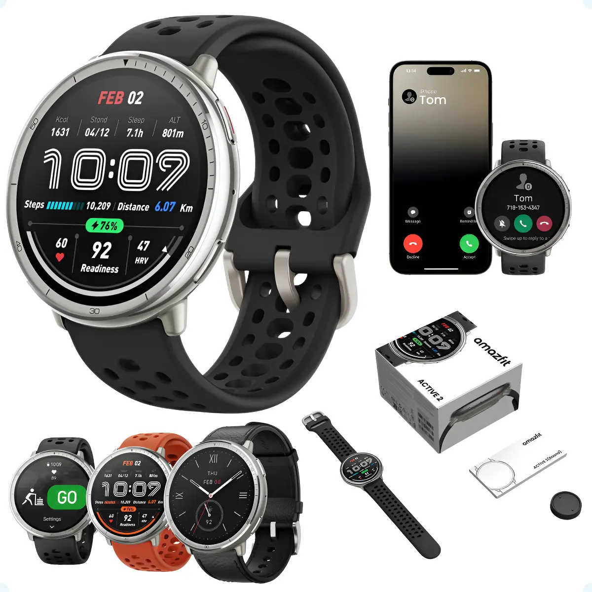 Relógio Smartwatch Amazfit Active 2 Amoled 1,32 Com Gps 5atm Caixa Prateado Pulseira Preto